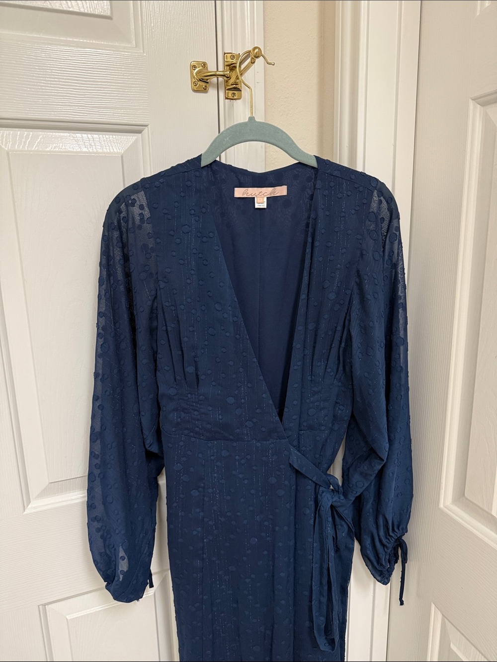 Anthropologie Name brand V-Neck Navy Maxi Dress with Sheer Dot Sleeve - Picture 3 of 8